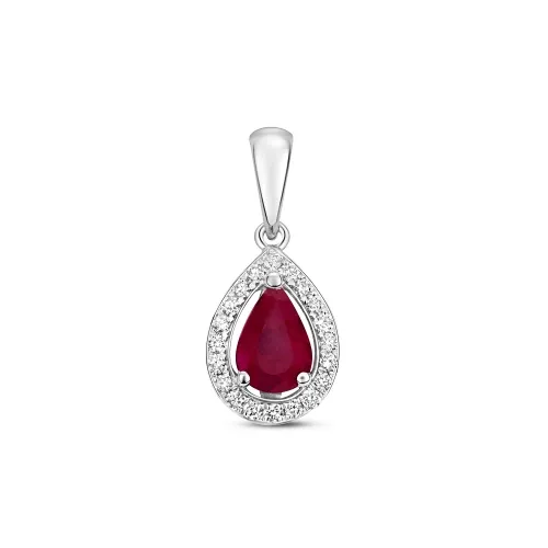 Diamond and Ruby Halo Pendant Pear 9ct White Gold